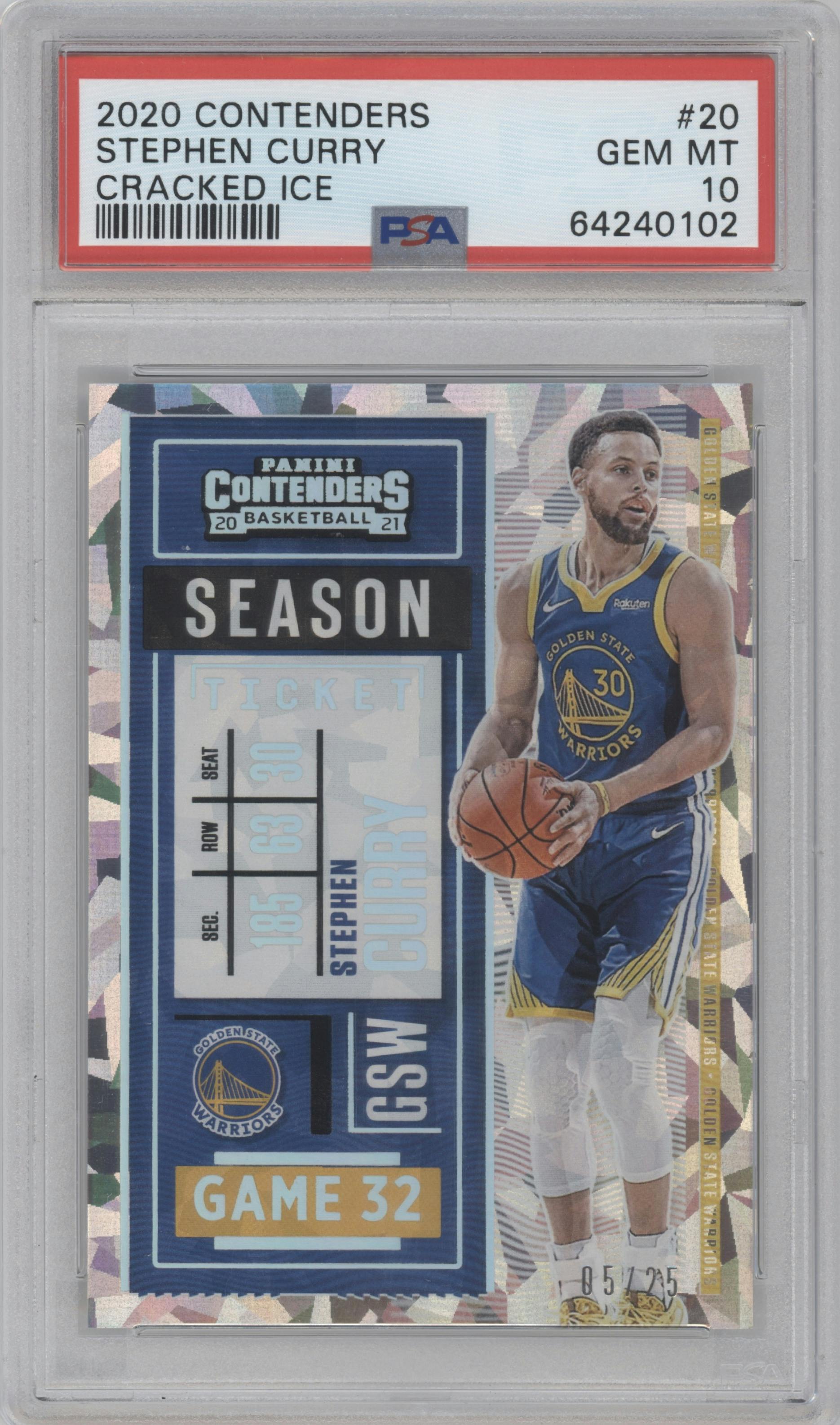 Stephen Curry from the 2020-21 Panini Contenders set featuring a Cracked Ice parallel graded by PSA and given an overall grade of 10.
