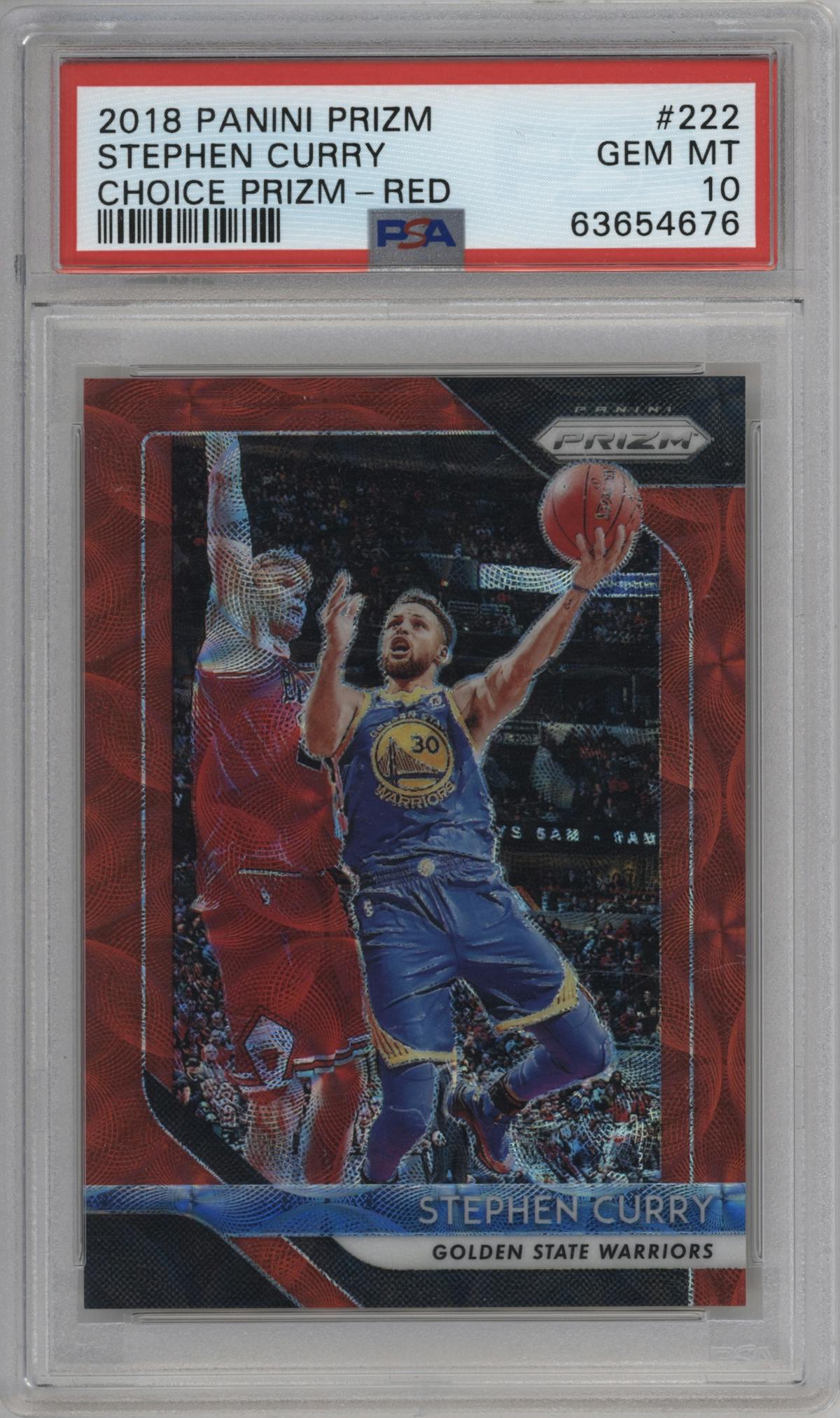 Stephen Curry from the 2018-19 Panini Prizm set featuring a Choice Red parallel graded by PSA and given an overall grade of 10.