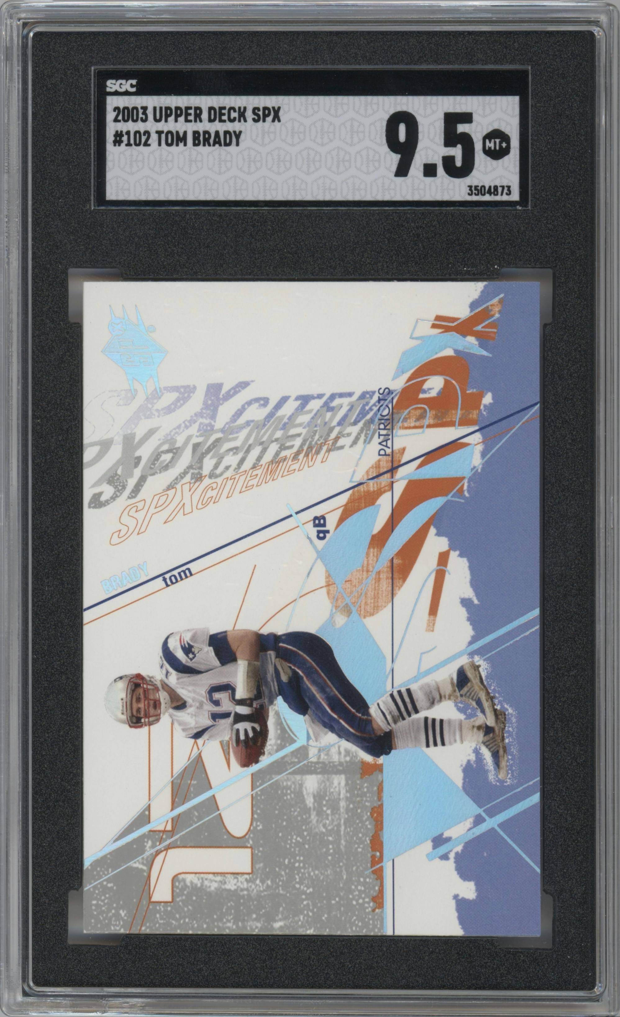Tom Brady from the 2003 SPx set graded by SGC and given an overall grade of 9.5.