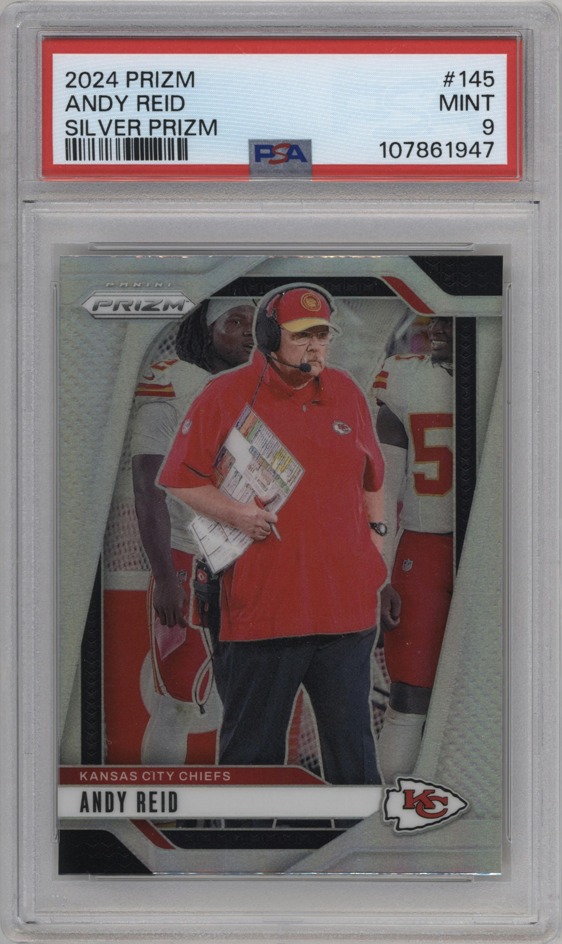 Andy Reid from the 2024 Panini Prizm set featuring a Silver Prizm parallel graded by PSA and given an overall grade of 9.