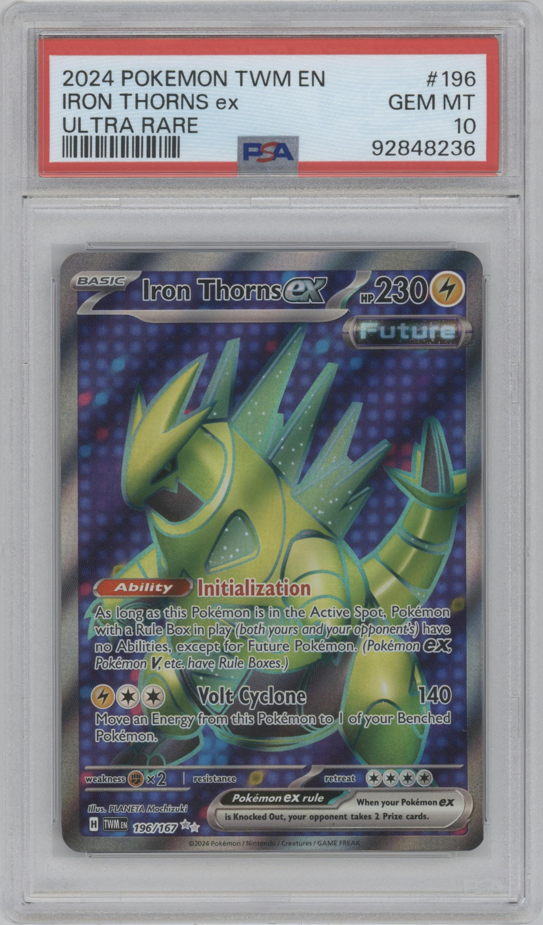 Iron Thorns ex from the 2024 Pokemon SV set graded by PSA and given an overall grade of 10.