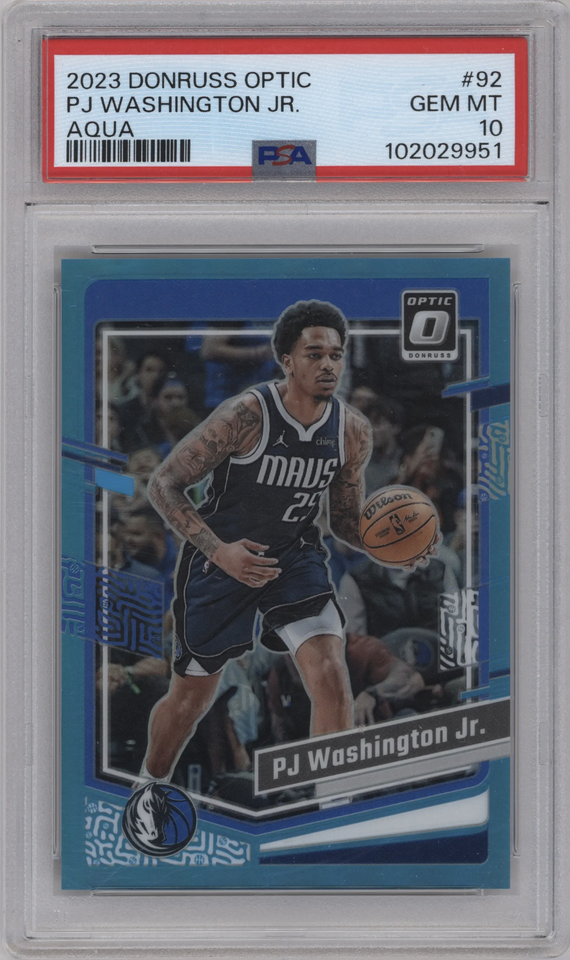 PJ Washington Jr. from the 2023-24 Donruss Optic set featuring a Aqua parallel graded by PSA and given an overall grade of 10.
