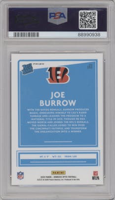 Joe Burrow from the 2020 Panini Donruss Optic set featuring a Holo parallel graded by PSA and given an overall grade of 9.