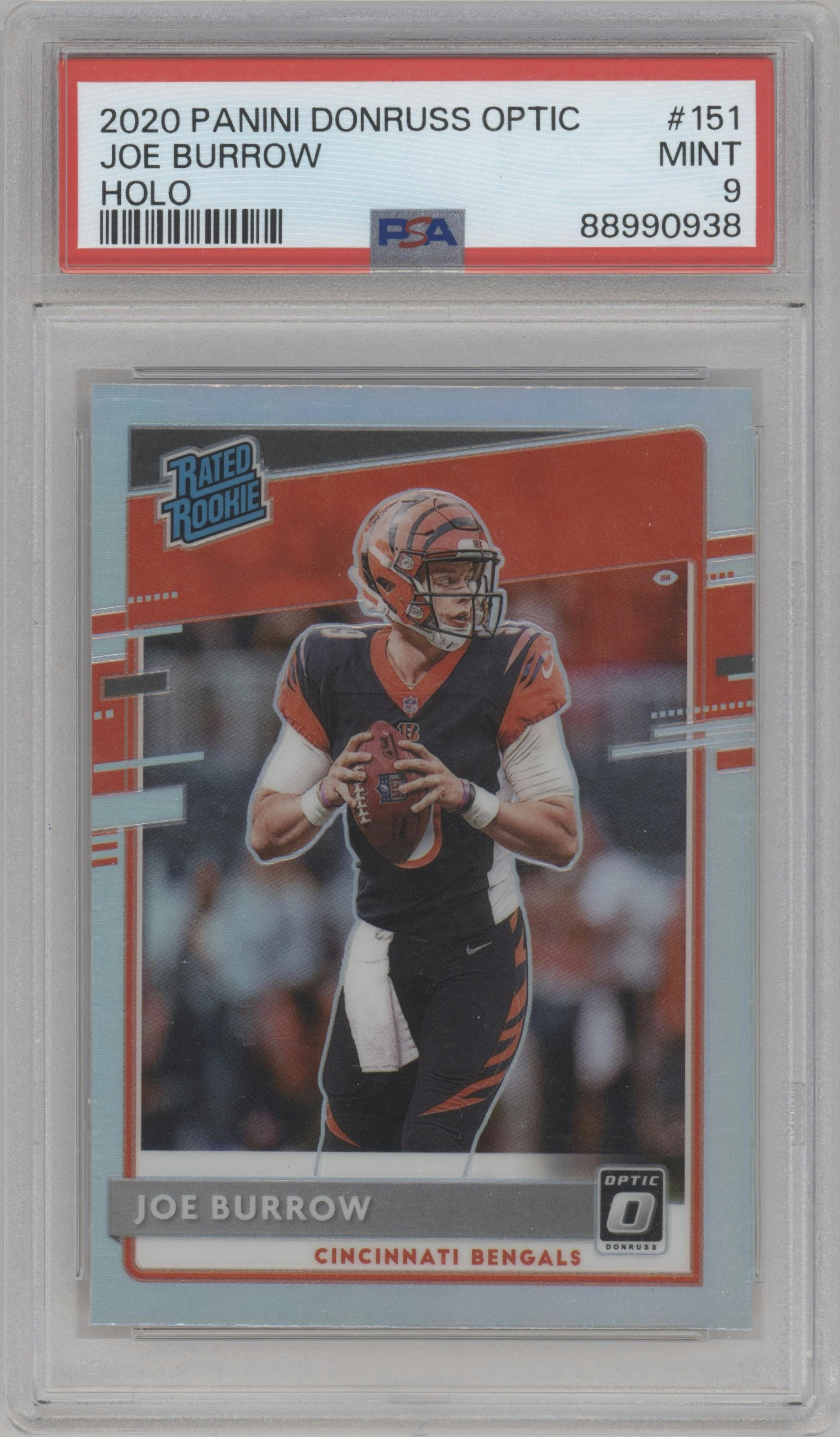 Joe Burrow from the 2020 Panini Donruss Optic set featuring a Holo parallel graded by PSA and given an overall grade of 9.