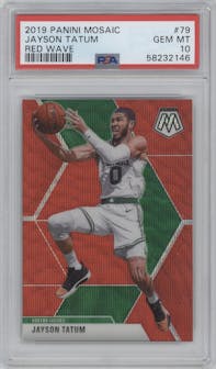 Jayson Tatum from the 2019-20 Panini Mosaic  set featuring a Red Wave parallel graded by PSA and given an overall grade of 10.