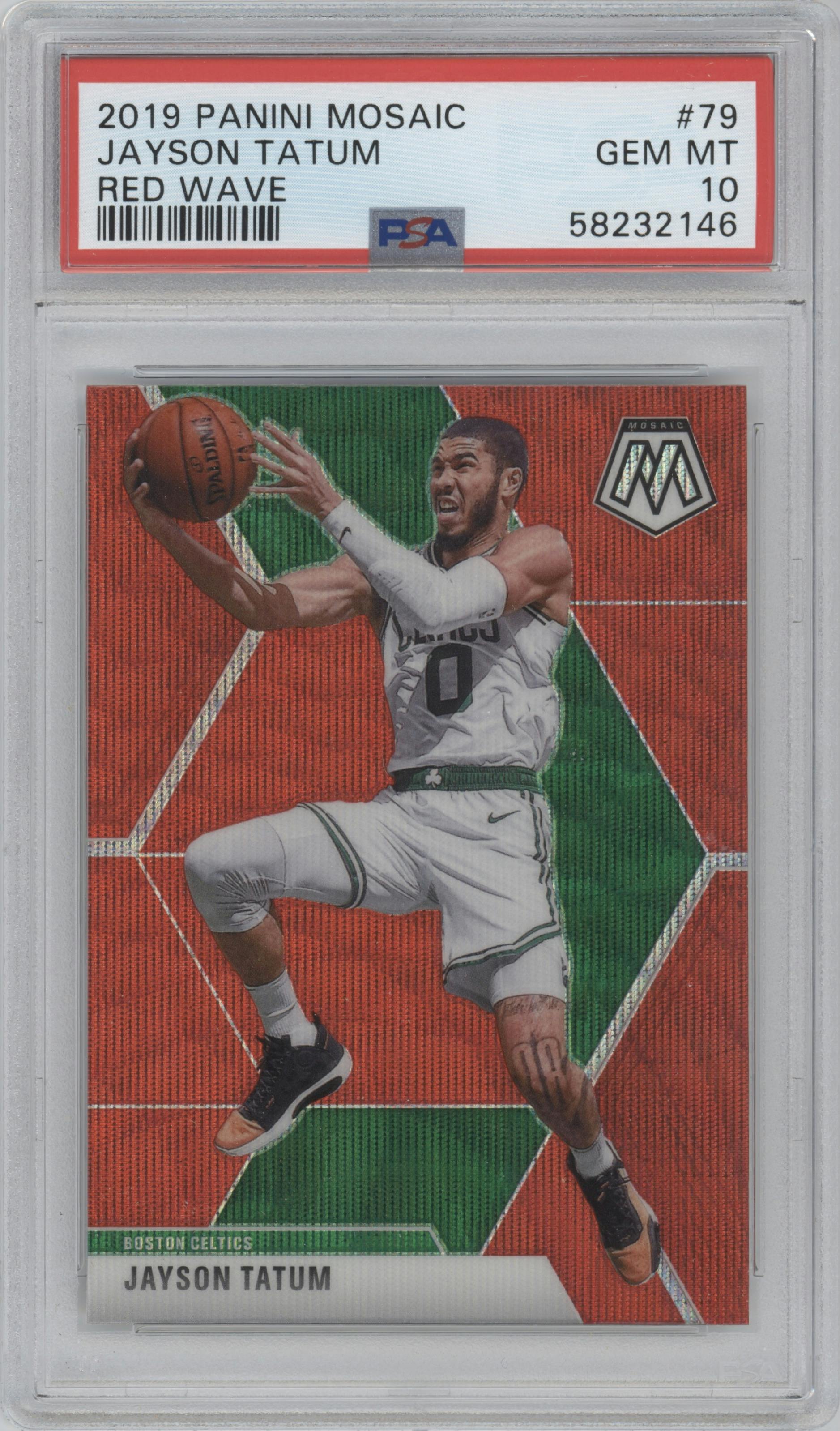 Jayson Tatum from the 2019-20 Panini Mosaic  set featuring a Red Wave parallel graded by PSA and given an overall grade of 10.