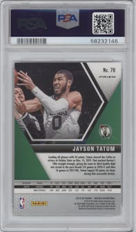 Jayson Tatum from the 2019-20 Panini Mosaic  set featuring a Red Wave parallel graded by PSA and given an overall grade of 10.