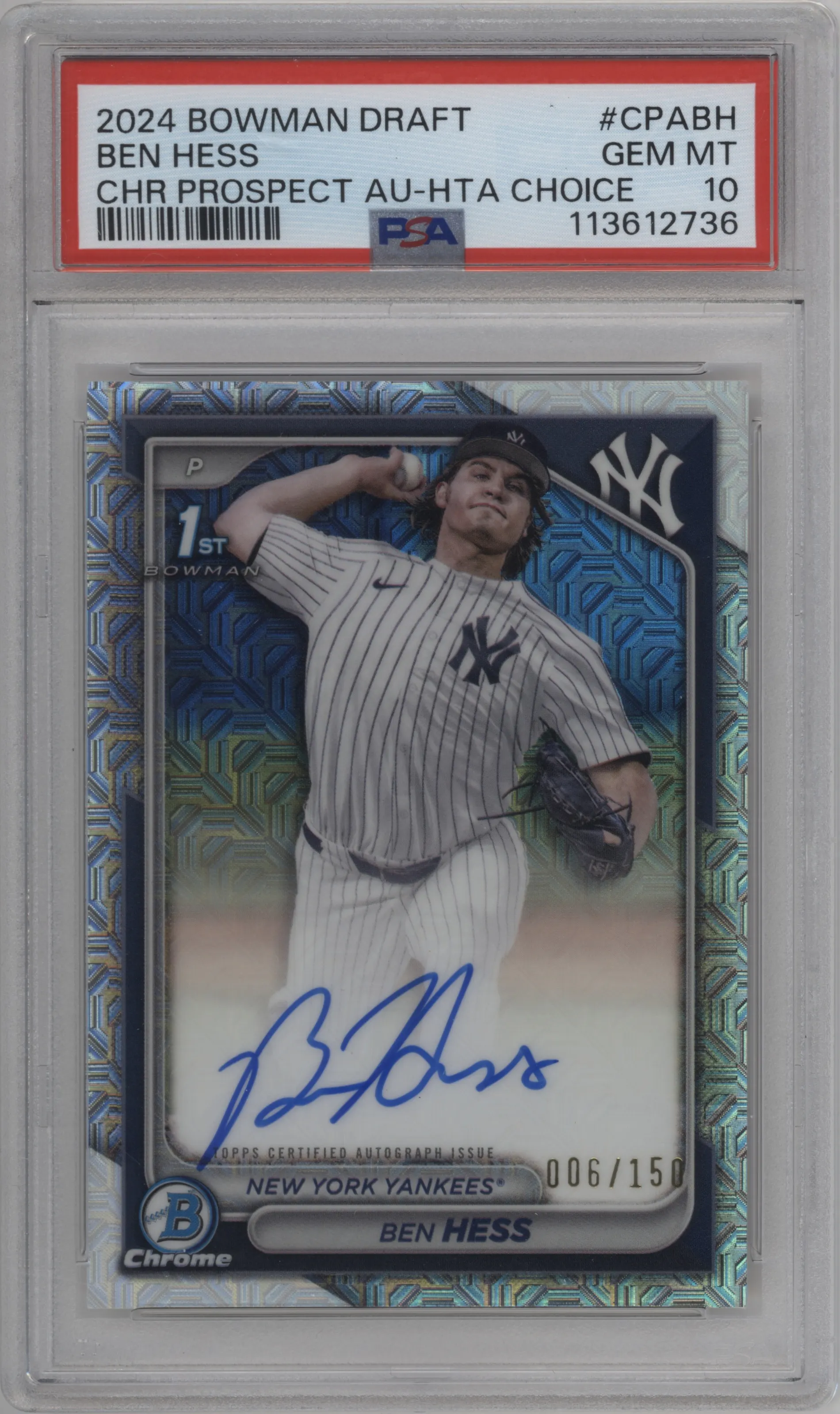 Ben Hess from the 2024 Bowman Draft set featuring a HTA Choice Refractor parallel graded by PSA and given an overall grade of 10.