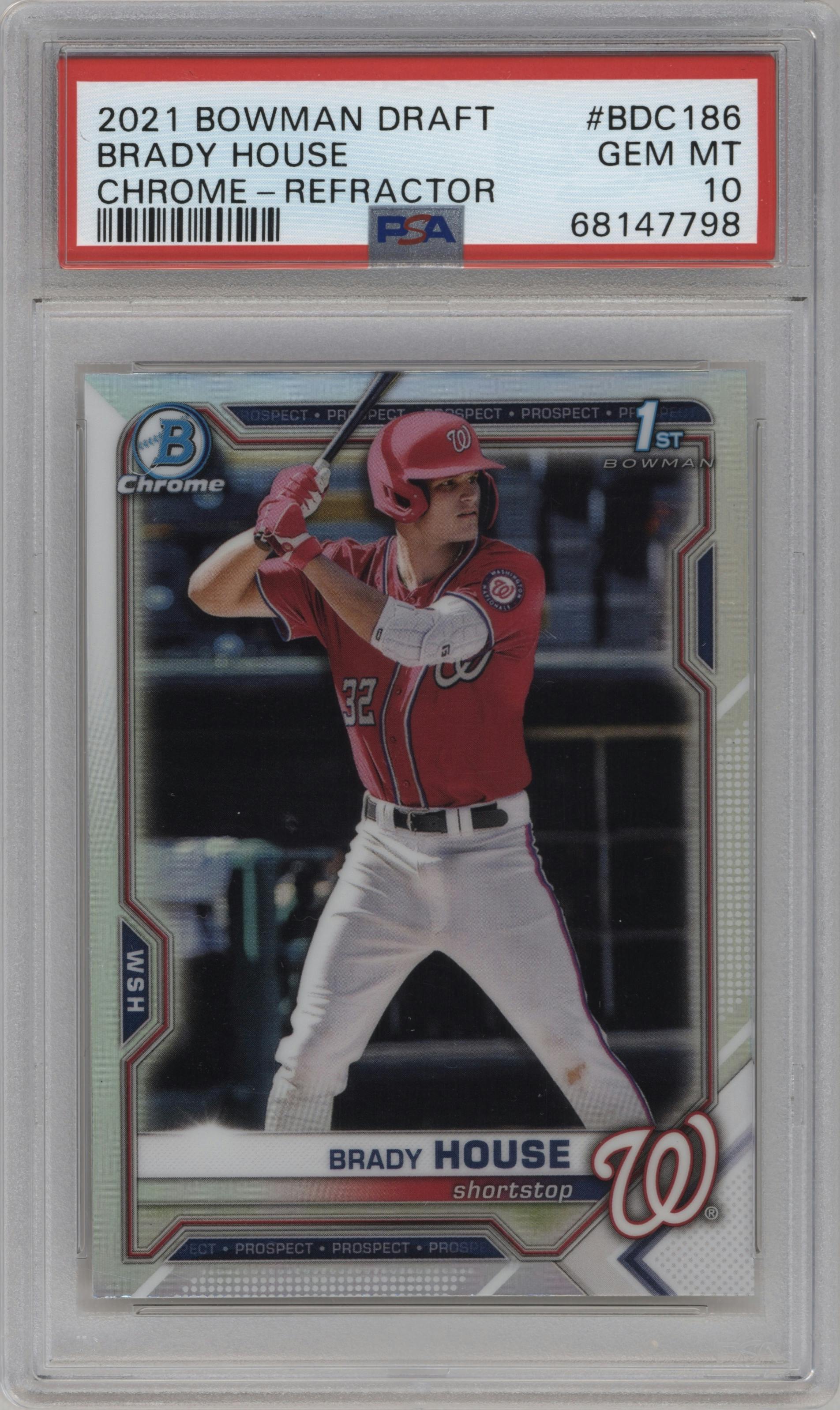 Brady House from the 2021 Bowman Draft set featuring a Refractor parallel graded by PSA and given an overall grade of 10.