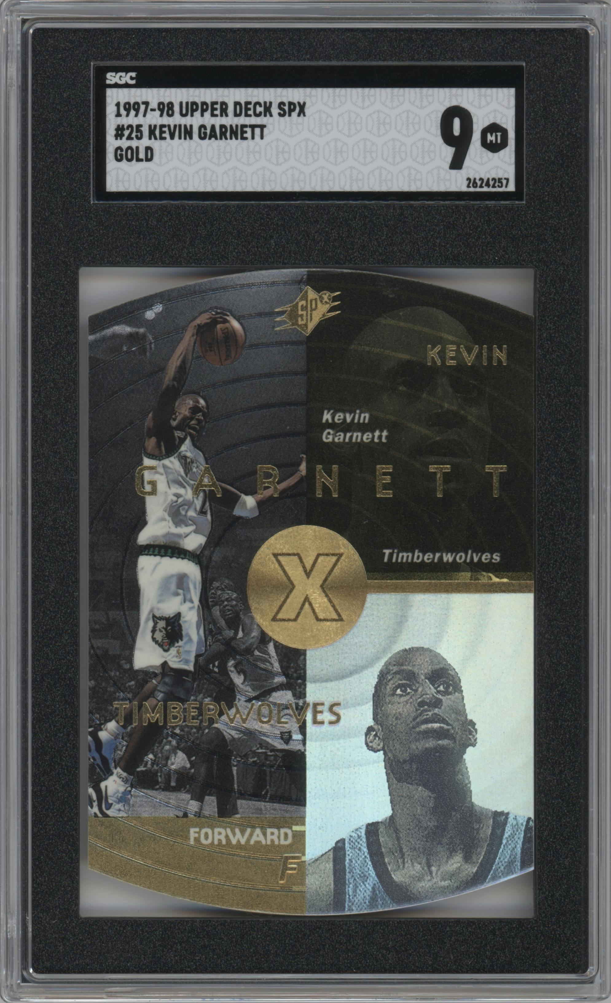 Kevin Garnett from the 1997-98 SPx set featuring a Gold parallel graded by SGC and given an overall grade of 9.