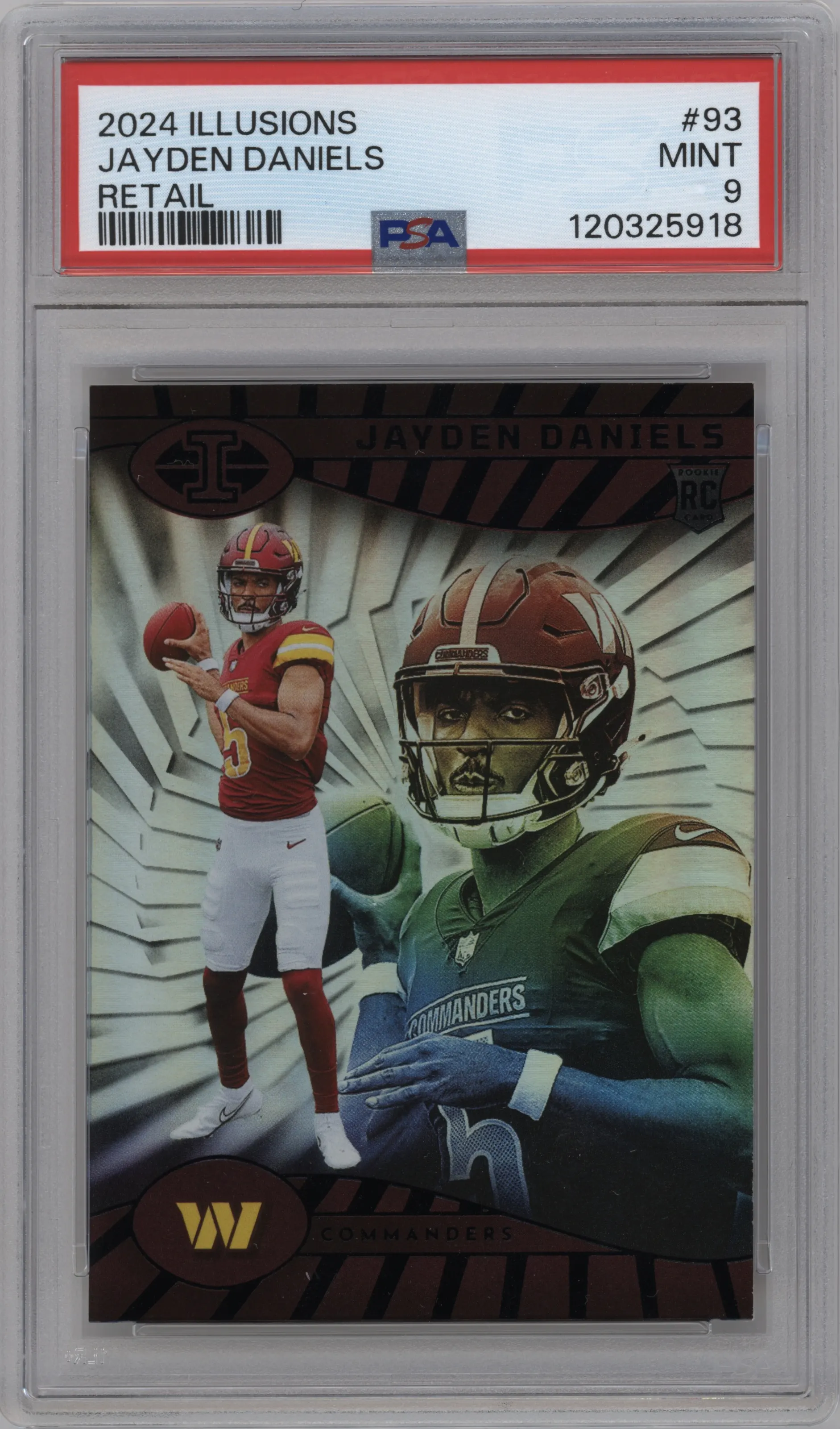 Jayden Daniels from the 2024 Panini Illusions set featuring a Retail parallel graded by PSA and given an overall grade of 9.