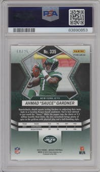Ahmad "Sauce" Gardner from the 2022 Panini Mosaic set featuring a Orange Fluorescent parallel graded by PSA and given an overall grade of 9.