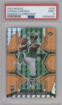 Ahmad "Sauce" Gardner from the 2022 Panini Mosaic set featuring a Orange Fluorescent parallel graded by PSA and given an overall grade of 9.