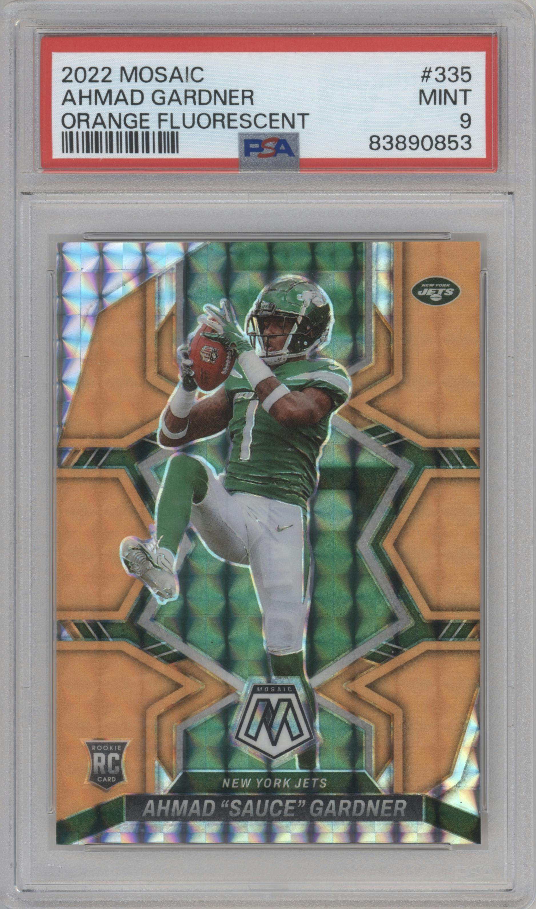 Ahmad "Sauce" Gardner from the 2022 Panini Mosaic set featuring a Orange Fluorescent parallel graded by PSA and given an overall grade of 9.