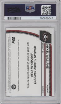 Mykel Williams from the 2024 Bowman University Chrome set featuring a Refractor parallel graded by PSA and given an overall grade of 10.