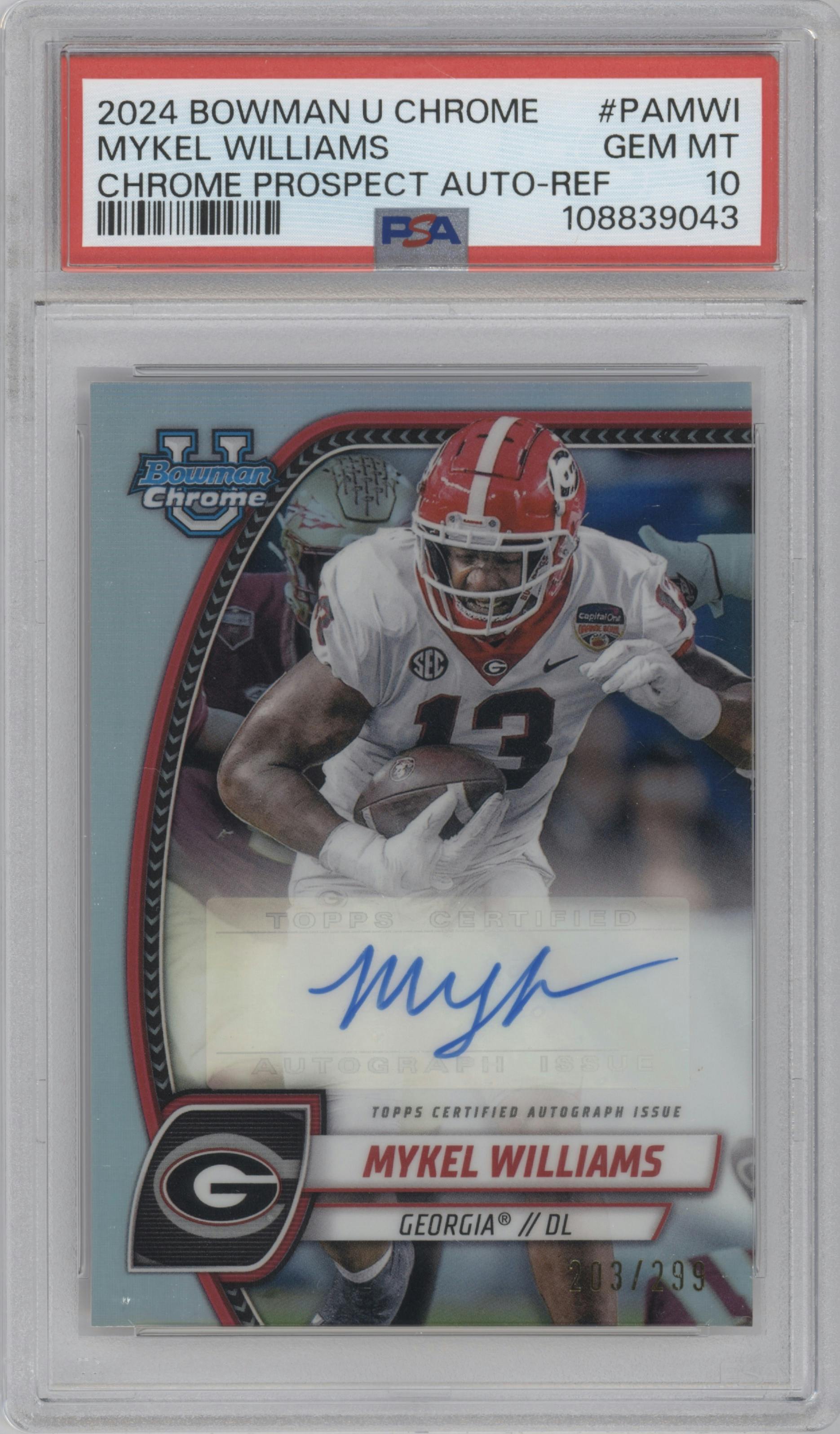 Mykel Williams from the 2024 Bowman University Chrome set featuring a Refractor parallel graded by PSA and given an overall grade of 10.