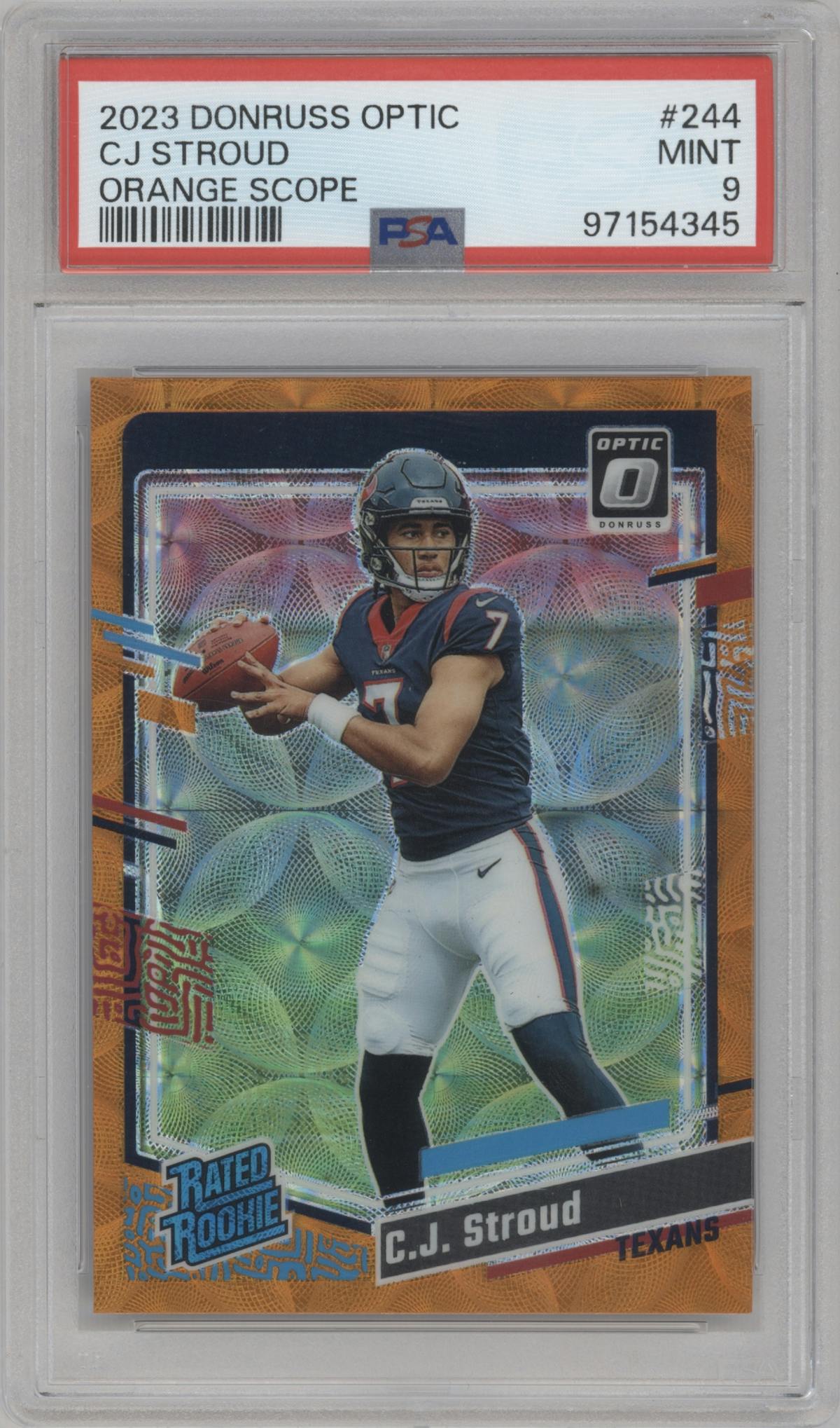 C.J. Stroud from the 2023 Donruss Optic set featuring a Orange Scope parallel graded by PSA and given an overall grade of 9.