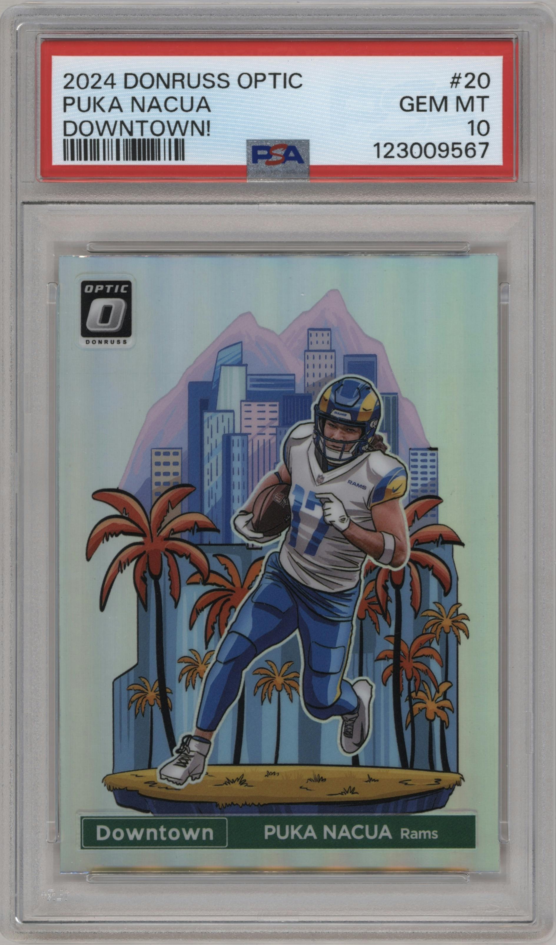 Puka Nacua from the 2024 Donruss Optic set graded by PSA and given an overall grade of 10.