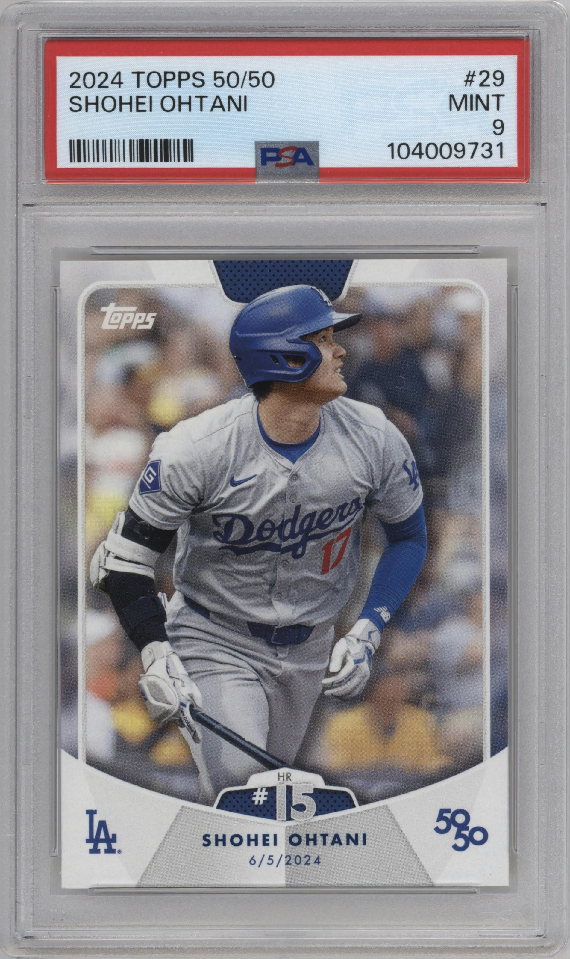 Shohei Ohtani from the 2024 Topps 50/50 set graded by PSA and given an overall grade of 9.