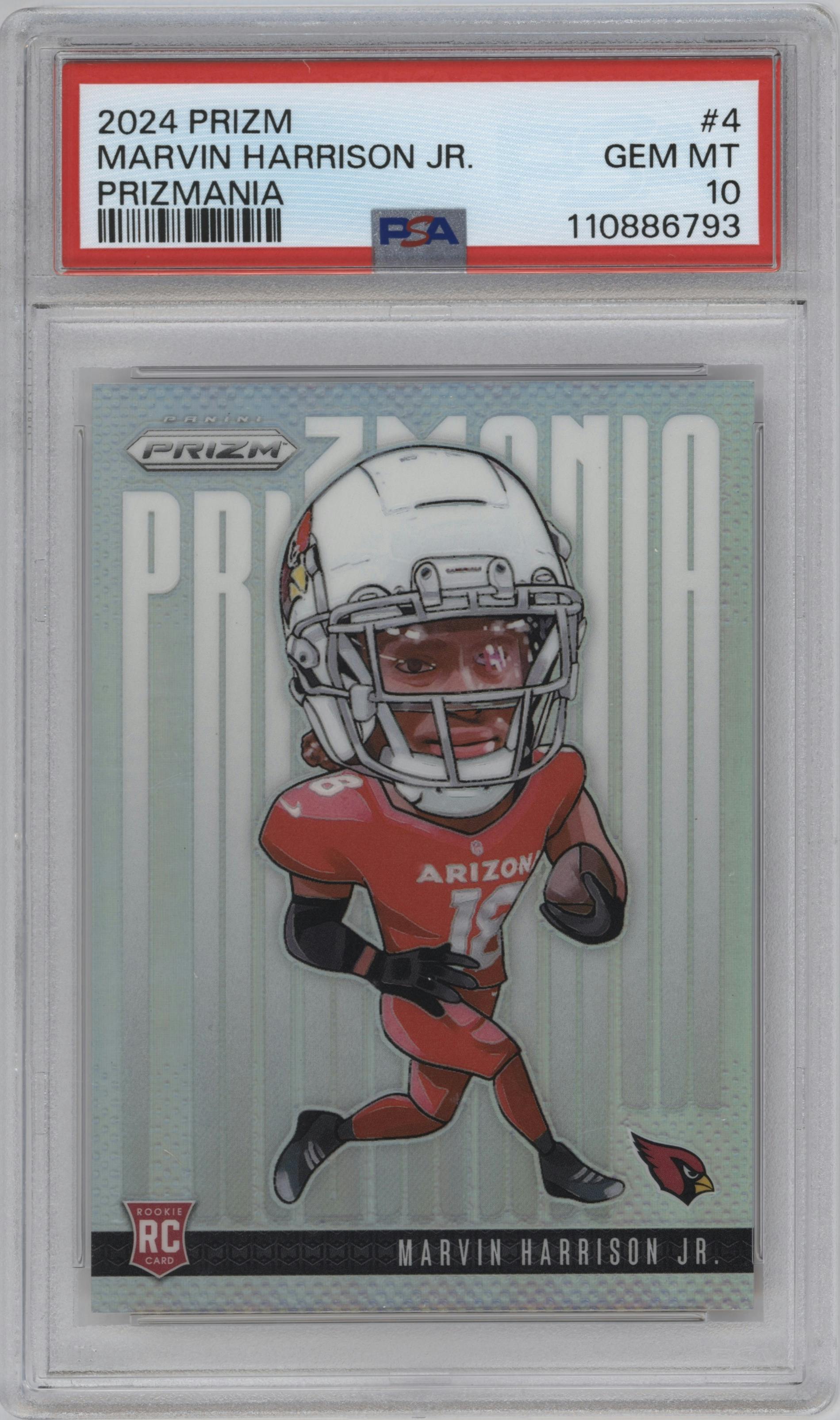 Marvin Harrison Jr. from the 2024 Panini Prizm set graded by PSA and given an overall grade of 10.