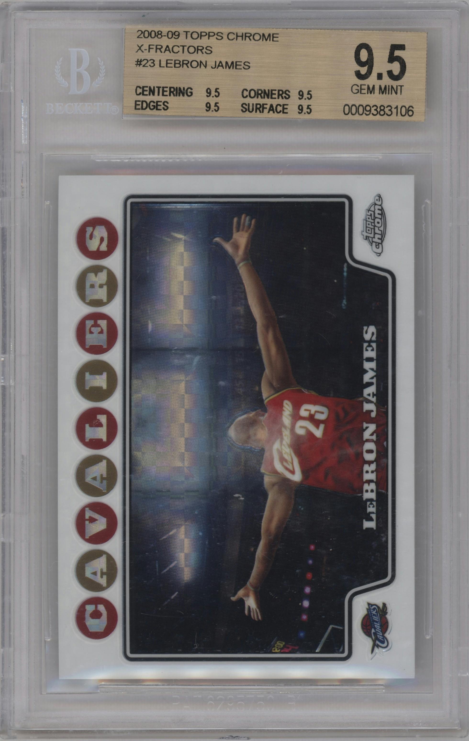 LeBron James from the 2008-09 Topps Chrome  set featuring a X-Fractor parallel graded by Beckett and given an overall grade of 9.5.