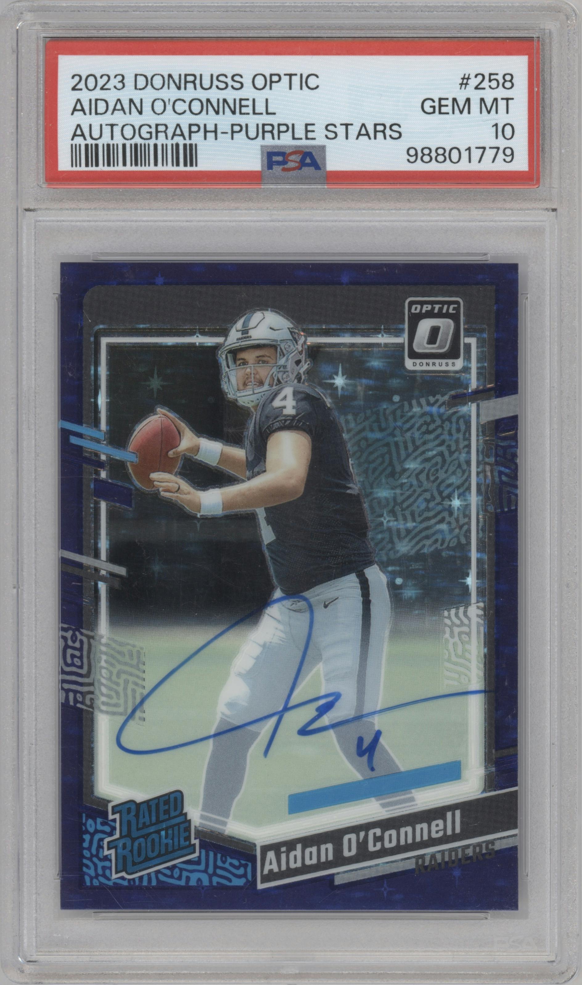  Aidan O Connell from the 2023 Donruss Optic set featuring a Purple Stars parallel graded by PSA and given an overall grade of 10.