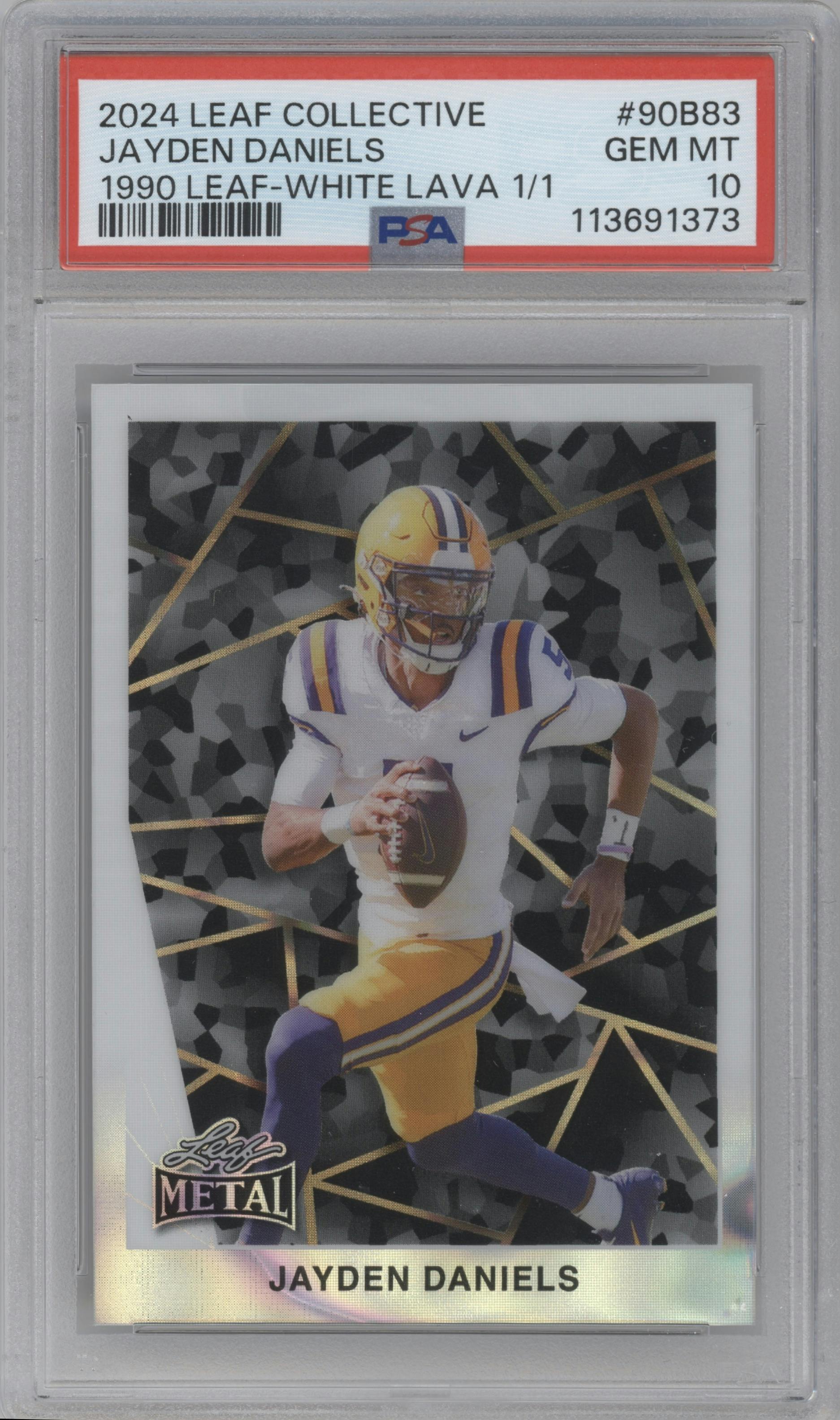 Jayden Daniels from the 2024 Leaf Collective Multi-Sport set featuring a White Lava parallel graded by PSA and given an overall grade of 10.