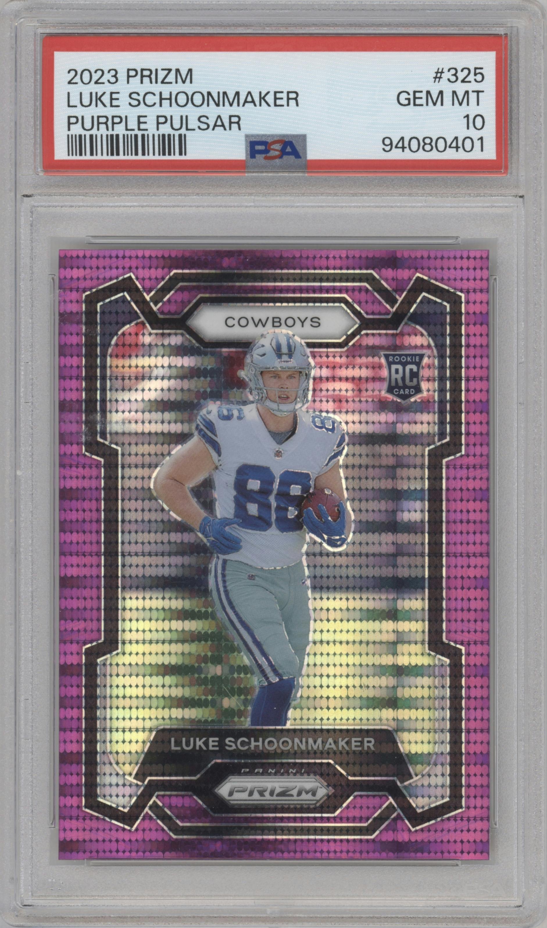 Luke Schoonmaker from the 2023 Panini Prizm set featuring a Purple Pulsar parallel graded by PSA and given an overall grade of 10.