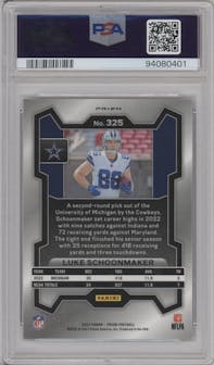 Luke Schoonmaker from the 2023 Panini Prizm set featuring a Purple Pulsar parallel graded by PSA and given an overall grade of 10.