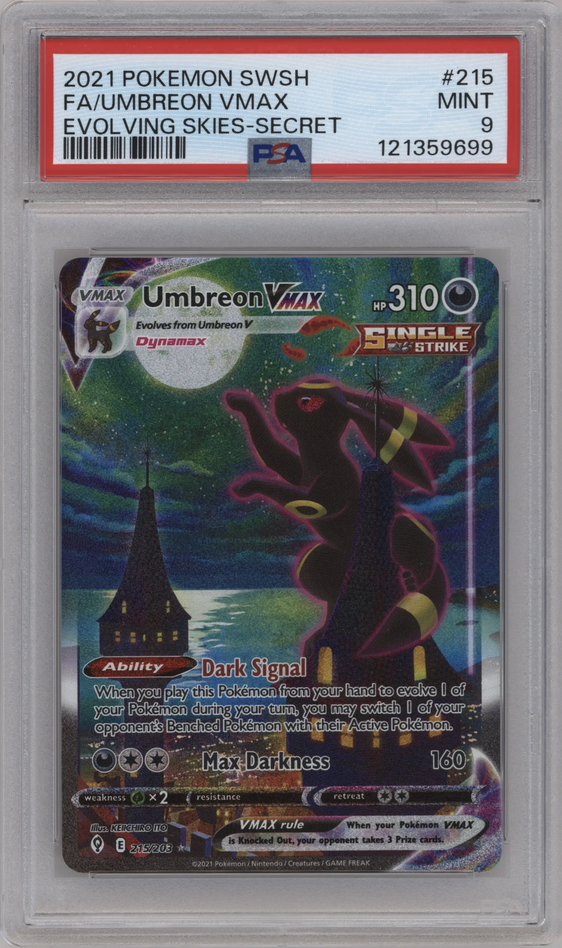 Umbreon VMAX from the 2021 Pokemon SWSH set graded by PSA and given an overall grade of 9.