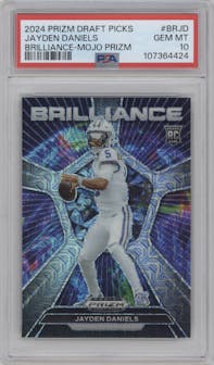 Jayden Daniels from the 2024 Panini Prizm Draft Picks set featuring a Mojo parallel graded by PSA and given an overall grade of 10.