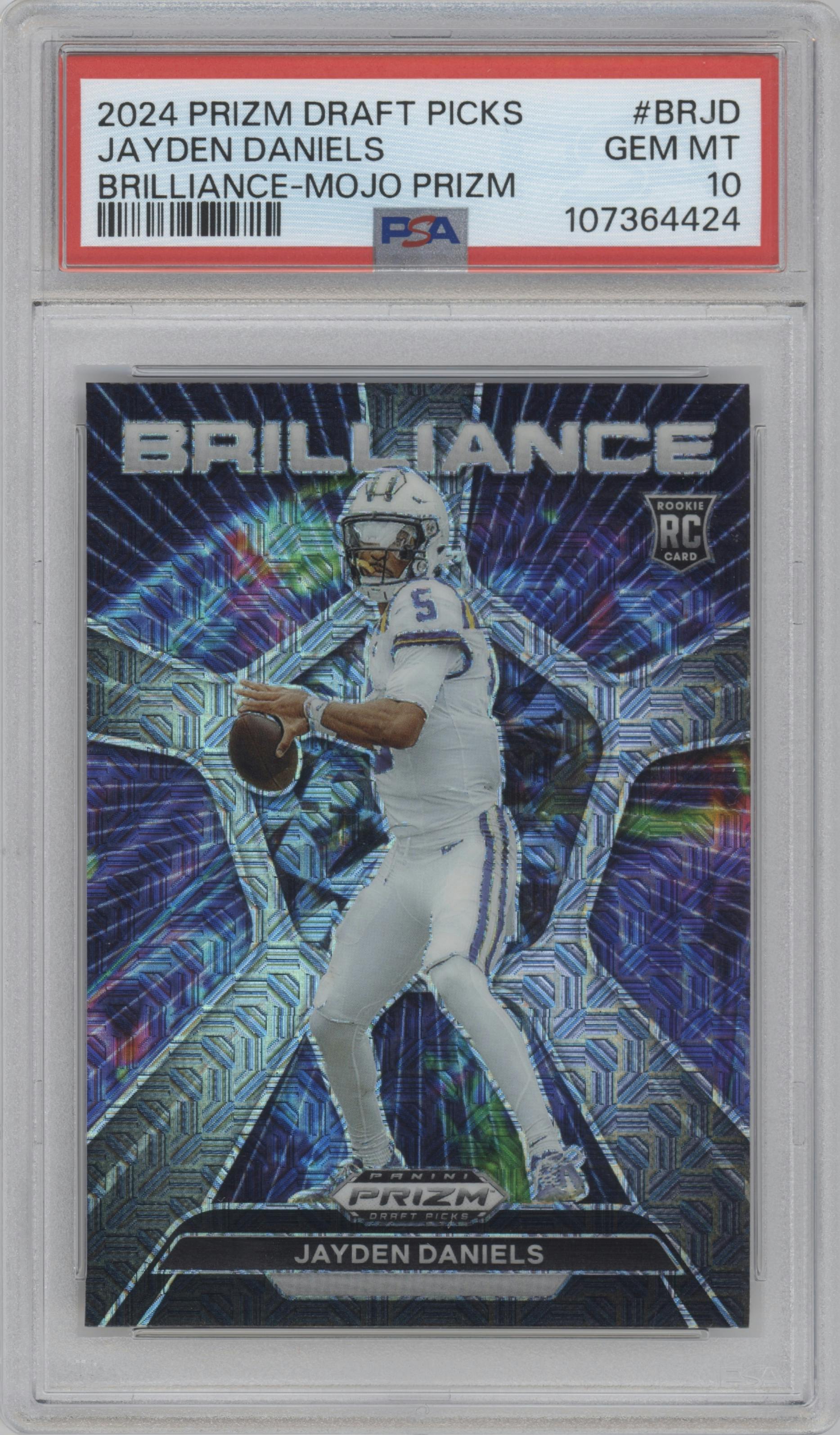 Jayden Daniels from the 2024 Panini Prizm Draft Picks set featuring a Mojo parallel graded by PSA and given an overall grade of 10.