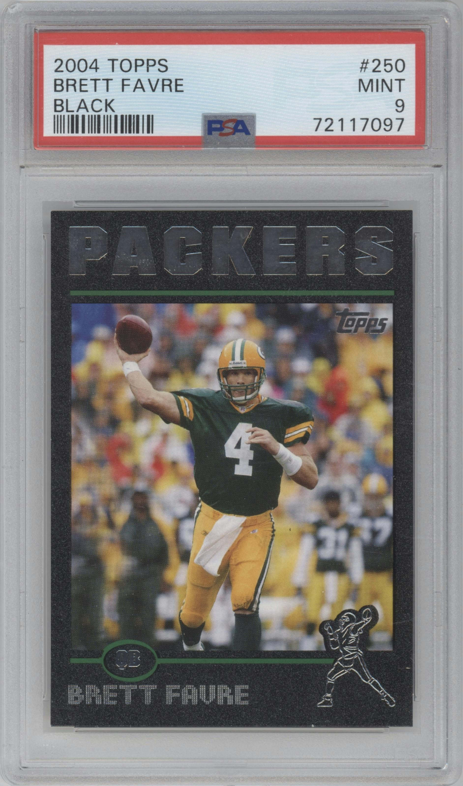 Brett Favre from the 2004 Topps set featuring a Black parallel graded by PSA and given an overall grade of 9.