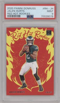 Jalen Hurts from the 2020 Panini Donruss set graded by PSA and given an overall grade of 9.