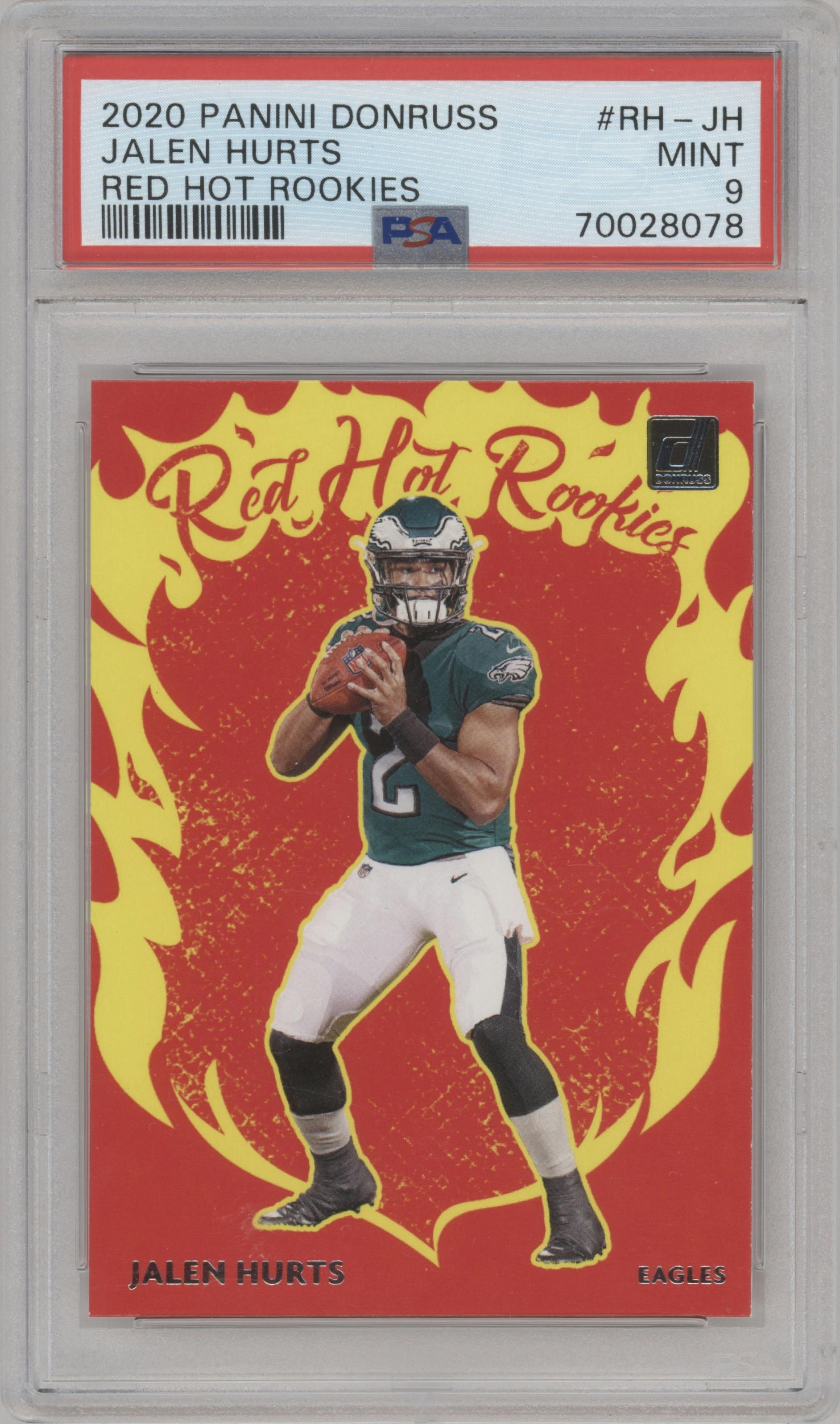 Jalen Hurts from the 2020 Panini Donruss set graded by PSA and given an overall grade of 9.