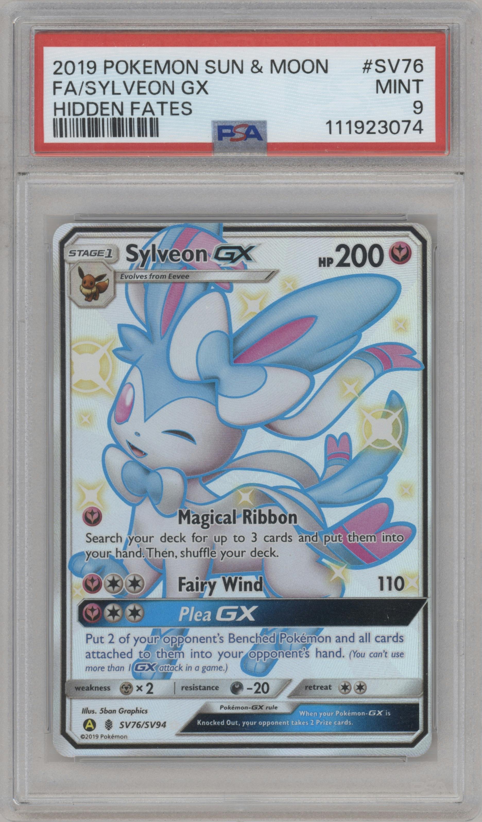 Sylveon GX from the 2019 Pokemon S&M  set graded by PSA and given an overall grade of 9.