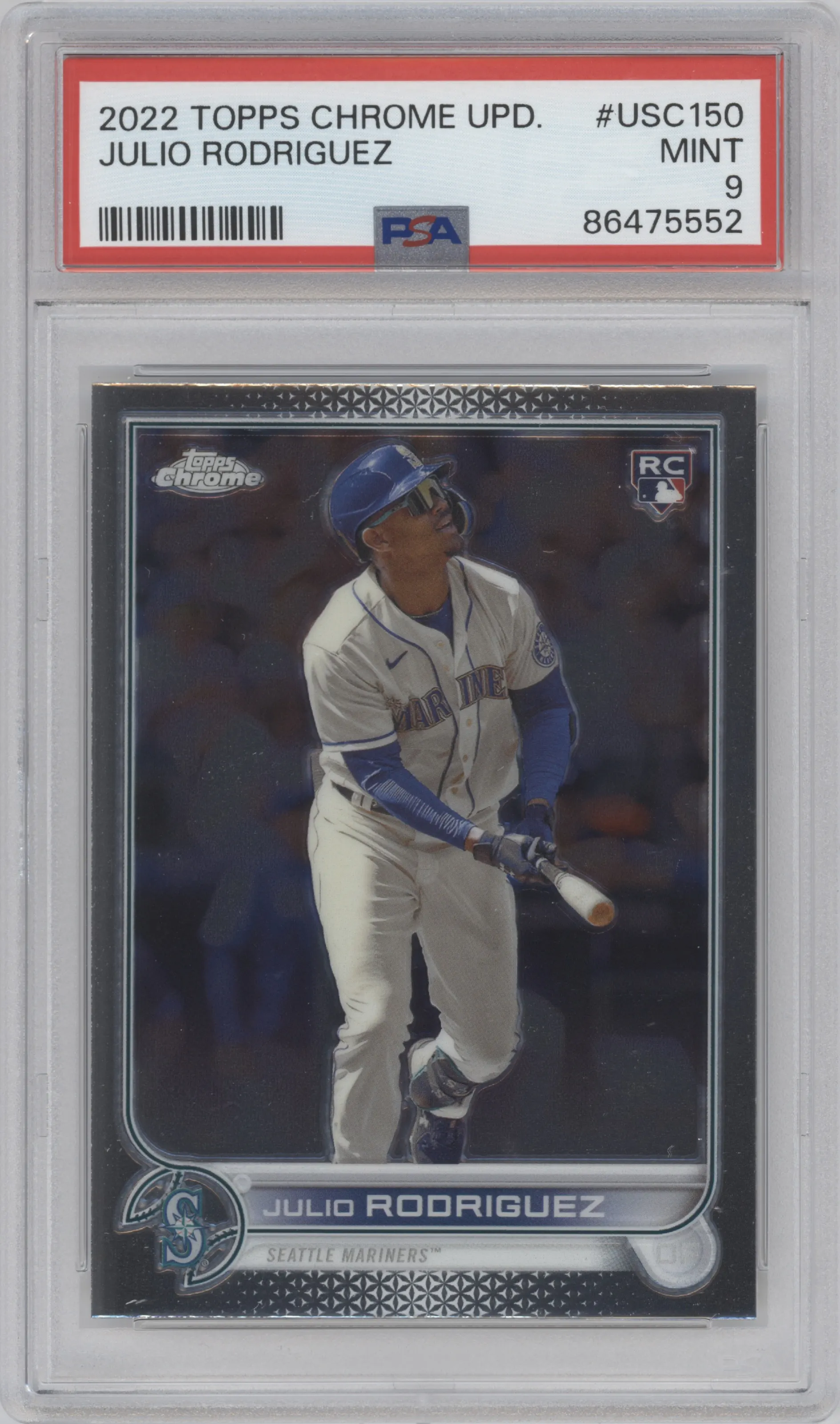 Julio Rodriguez from the 2022 Topps Chrome Update set graded by PSA and given an overall grade of 9.