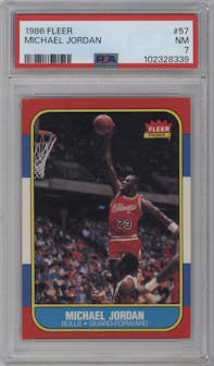 Michael Jordan from the 1986-87 Fleer set graded by PSA and given an overall grade of 7.