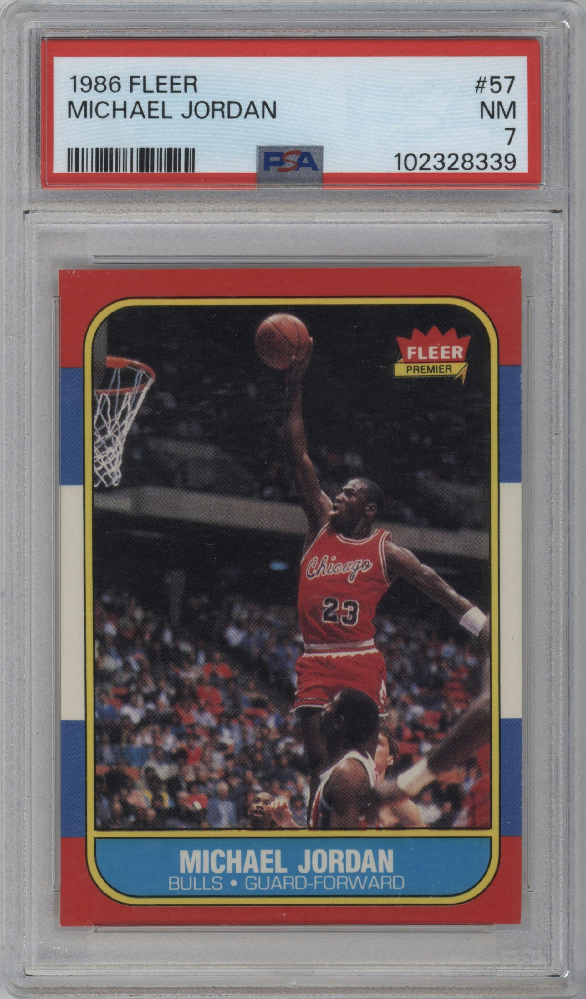 Michael Jordan from the 1986-87 Fleer set graded by PSA and given an overall grade of 7.