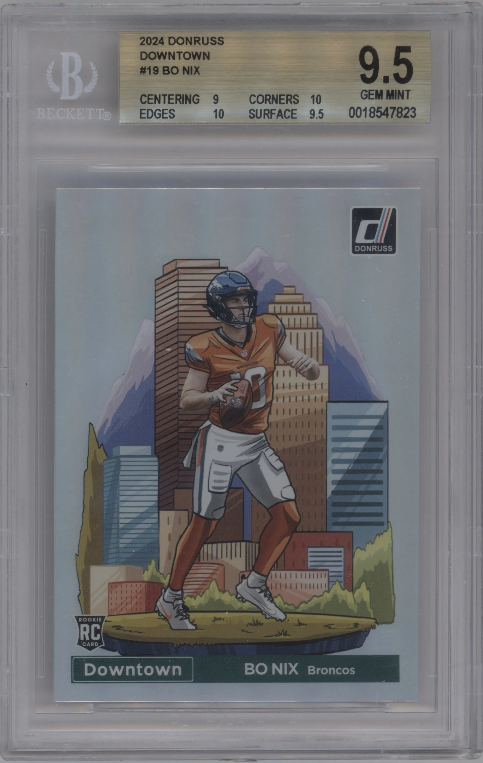 Bo Nix from the 2024 Donruss set graded by Beckett and given an overall grade of 9.5.