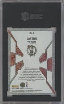 Jayson Tatum from the 2023-24 Panini Donruss Elite set featuring a Red International parallel graded by SGC and given an overall grade of 9.