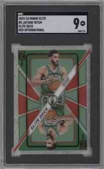 Jayson Tatum from the 2023-24 Panini Donruss Elite set featuring a Red International parallel graded by SGC and given an overall grade of 9.