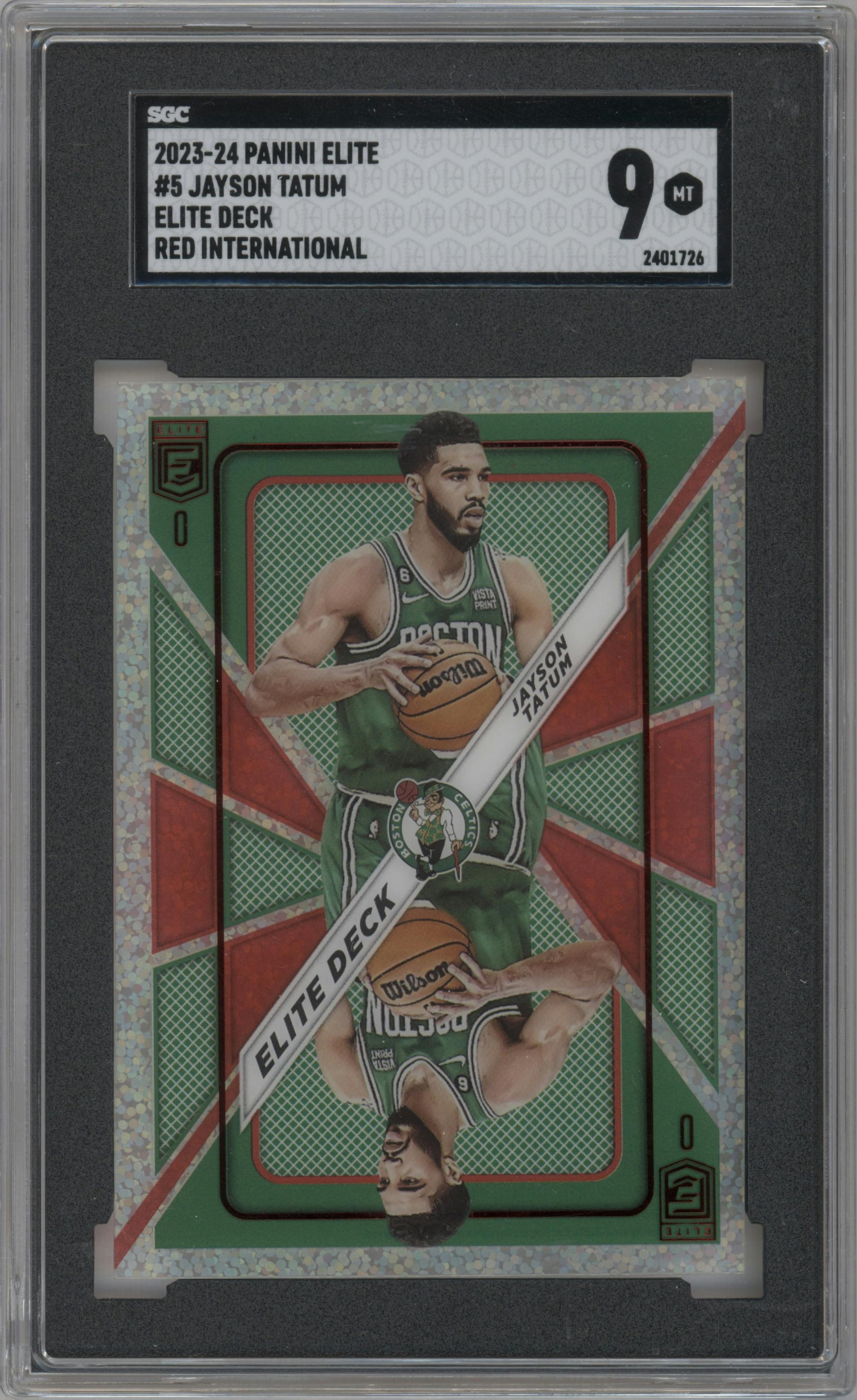 Jayson Tatum from the 2023-24 Panini Donruss Elite set featuring a Red International parallel graded by SGC and given an overall grade of 9.
