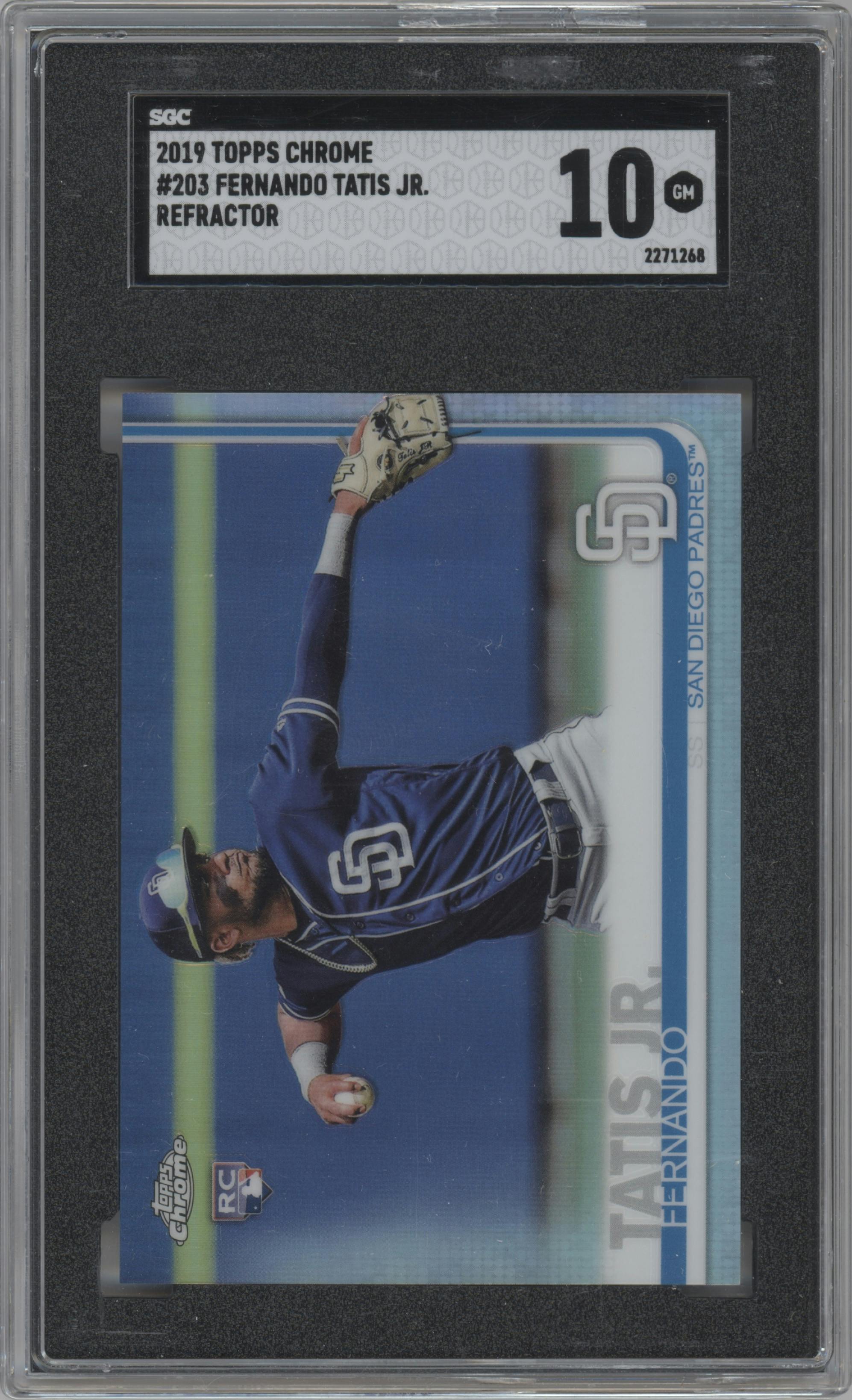 Fernando Tatis Jr. from the 2019 Topps Chrome set featuring a Refractor parallel graded by SGC and given an overall grade of 10.