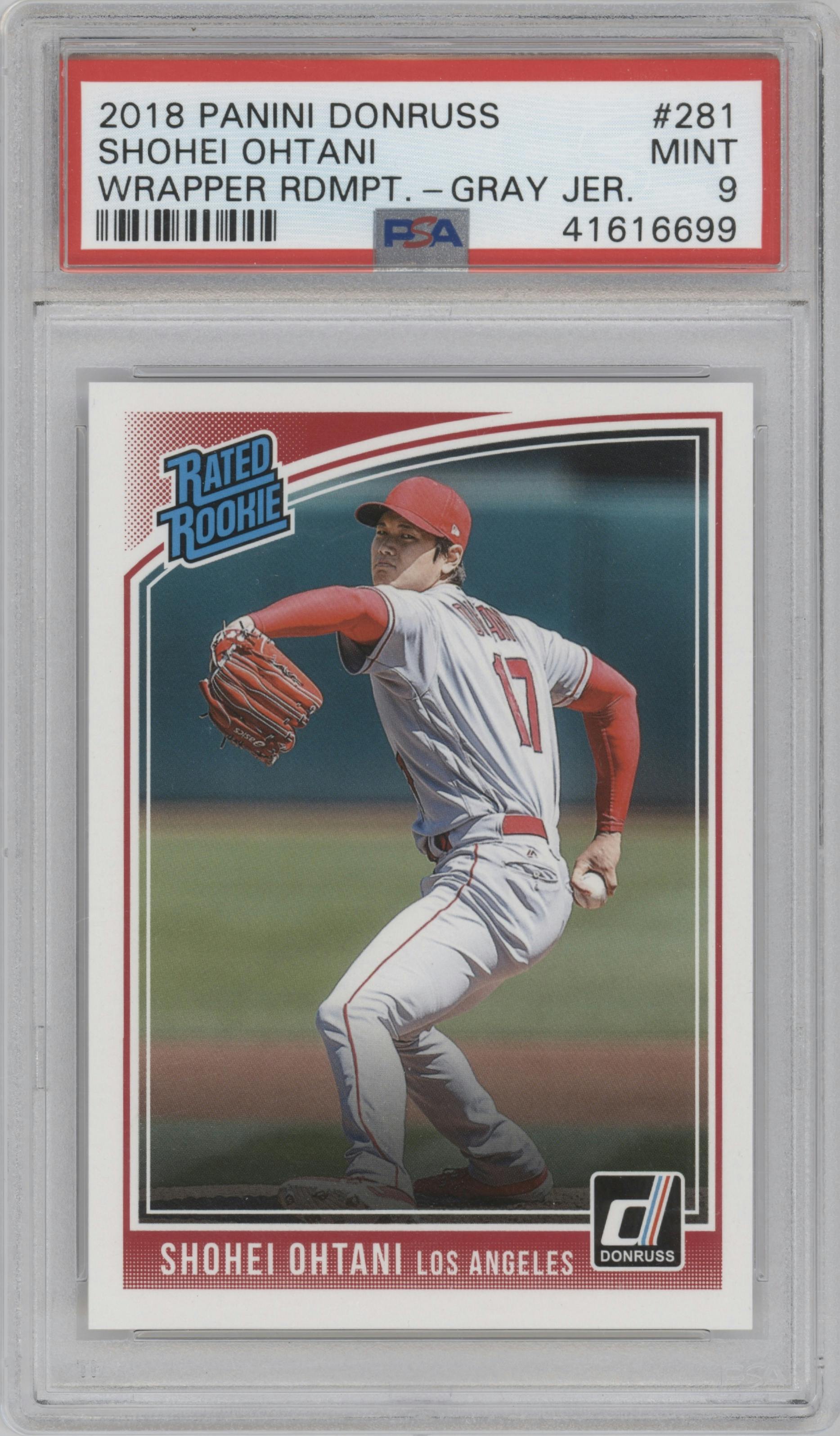 Shohei Ohtani from the 2018 Panini Donruss set featuring a Wrapper Redemption  parallel graded by PSA and given an overall grade of 9.