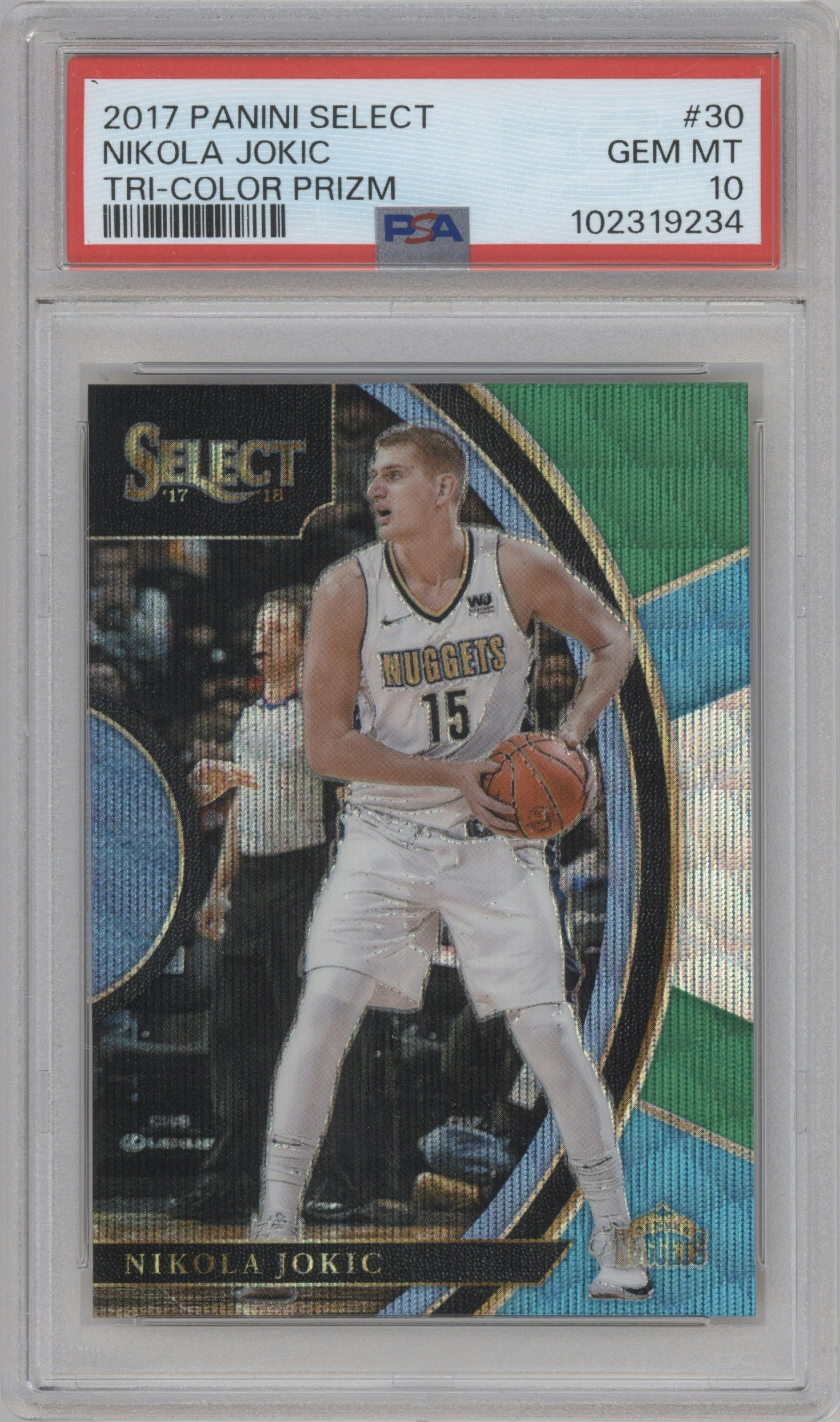 Nikola Jokic from the 2017-18 Panini Select set featuring a Tri-Color parallel graded by PSA and given an overall grade of 10.
