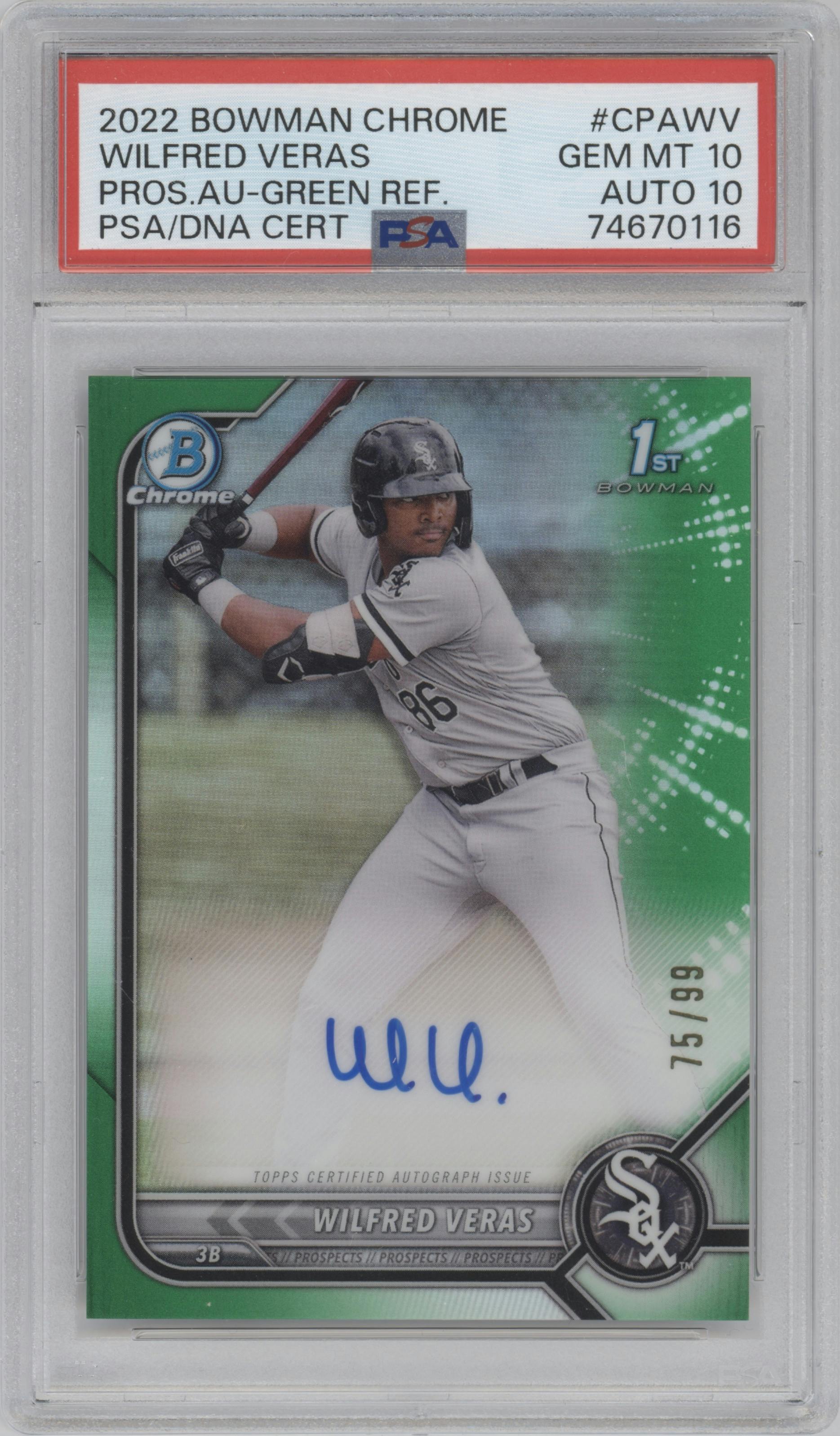 Wilfred Veras from the 2022 Bowman Chrome set featuring a Green Refractor parallel graded by PSA and given an overall grade of 10.