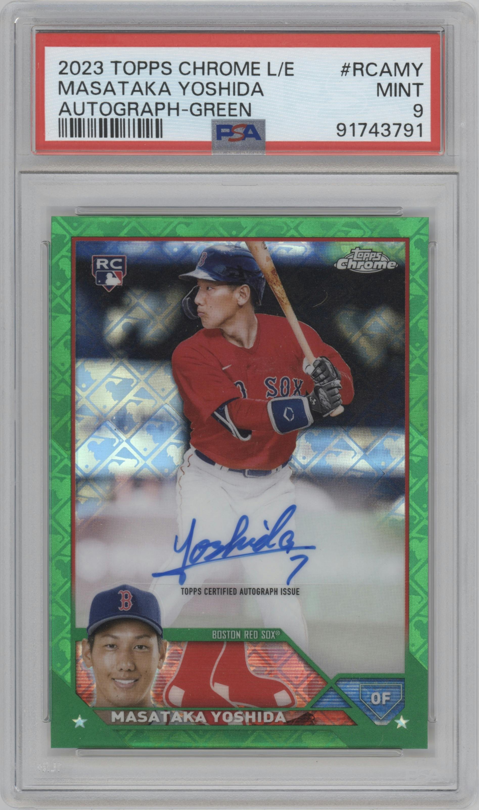 Masataka Yoshida from the 2023 Topps Chrome Logofractor Edition set featuring a Green Refractor parallel graded by PSA and given an overall grade of 9.