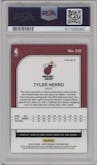 Tyler Herro from the 2019-20 Panini Hoops Premium Stock set featuring a Blue Cracked Ice parallel graded by PSA and given an overall grade of 10.
