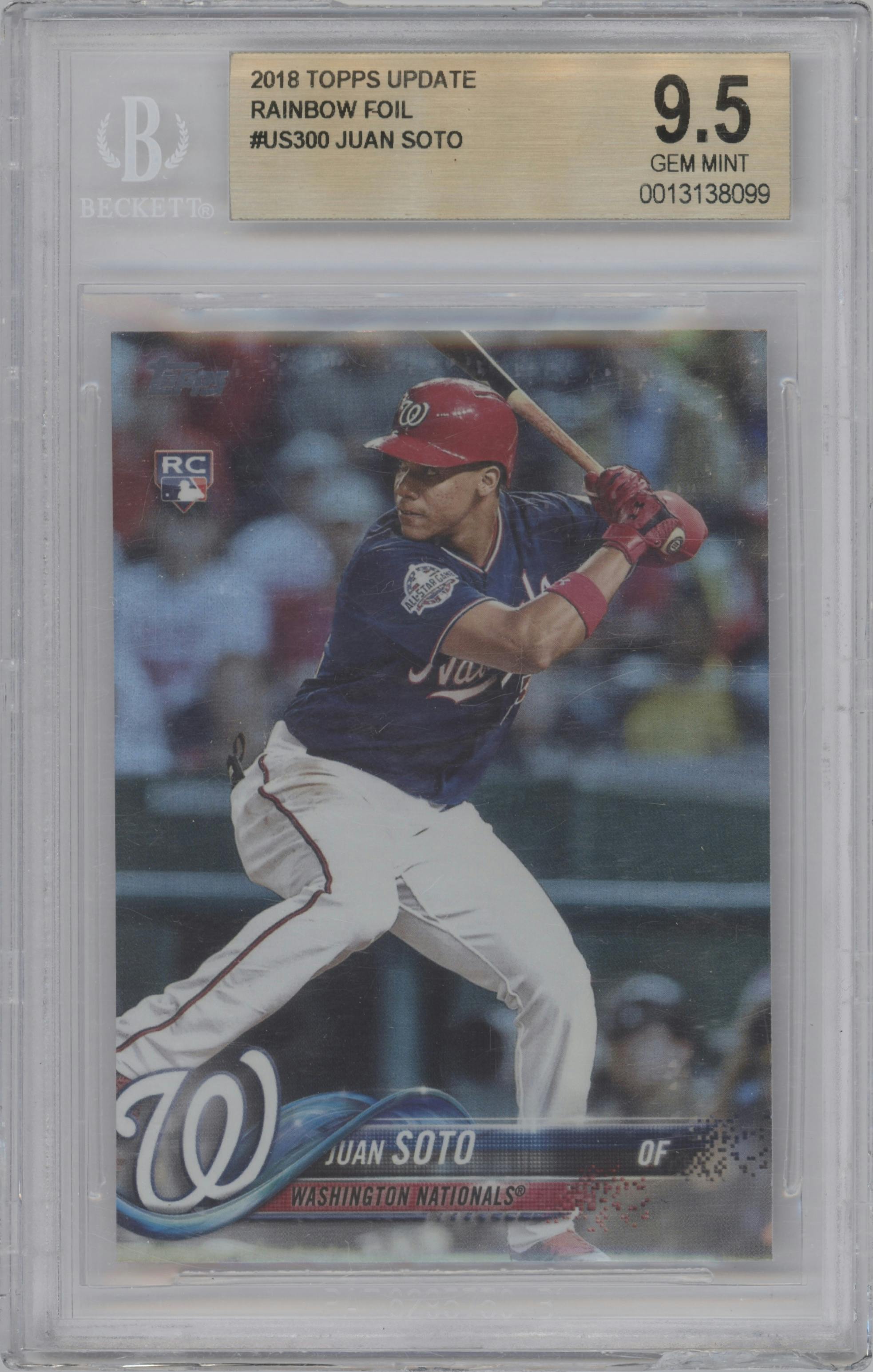 Juan Soto from the 2018 Topps Update set featuring a Rainbow Foil parallel graded by Beckett and given an overall grade of 9.5.